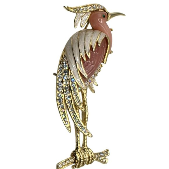 Hattie Carnegie Heron Bird Brooch Pin Coral Lucite Rhinestone Egret Unsigned VTG - Picture 2 of 10